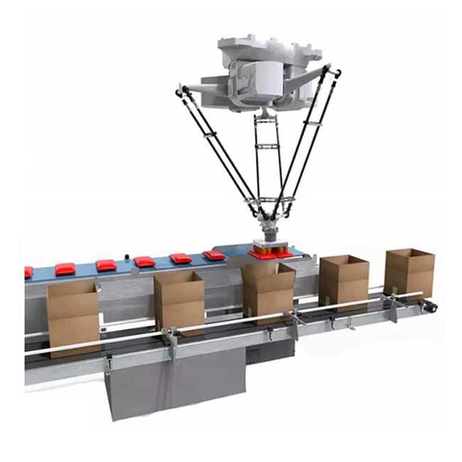 Delta robot positioned above a conveyor carrying products and open cartons