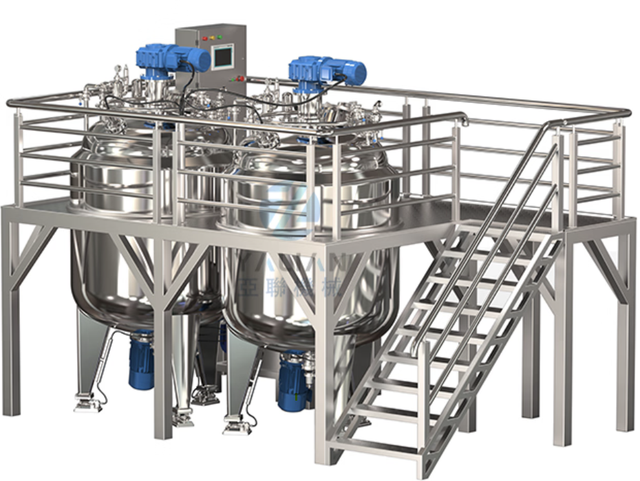 Stainless-steel processing tanks with mixers, an access platform, and stairs